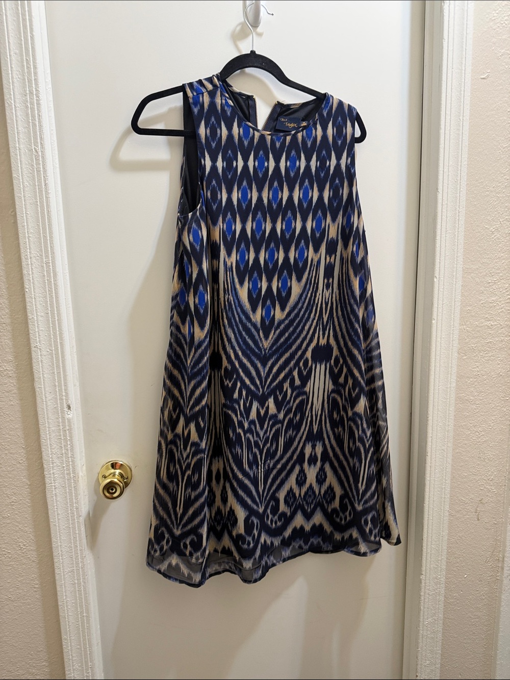 Taylor Navy and Cream Sleeveless Ikat Mini Dress